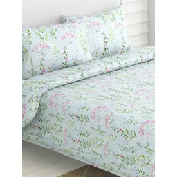 haus & kinder Green & White Floral Pure Cotton 186 TC Queen Bedsheet with 2 Pillow Covers-picture-40