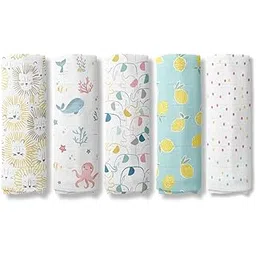 haus & kinder Haus and Kinder 100% Cotton Muslin Swaddles Wrap for Newborn Baby - Soft Swaddle Cloth for New Born, Muslin Baby Swaddle Wrap for New Born, New Born Swaddle, 100x100 cm, Pack of 5, (Adorable Design)-picture-18