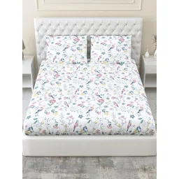 haus & kinder White & Pink Floral 186 TC Cotton Fitted King Bedsheet With 2 Pillow Covers-picture-33