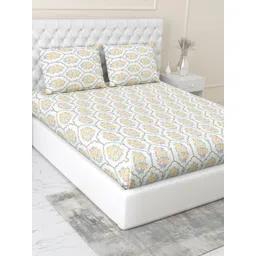haus & kinder White & Yellow Floral 186TC Fitted Double Queen Bedsheet Set 1.99 m x 1.53 m-picture-27