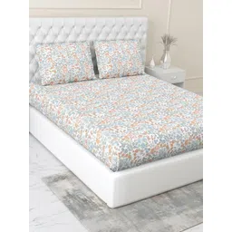 haus & kinder White Floral 186 TC Fitted Cotton Double Queen Bedsheet Set 1.99 m x 1.53 m-picture-20