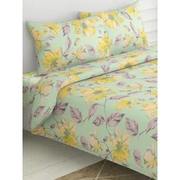 haus & kinder Yellow & Green Floral Pure Cotton 120 TC King Bedsheet With 2 Pillow Covers-picture-22
