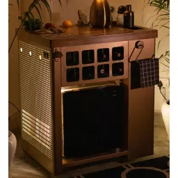 Model X All-In-One Metal Bar Cabinet in Gold Lattice Finish With Built-In 30L Godrej Qube Fridge & Wheels-image-20