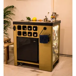 Model X All-In-One Metal Bar Cabinet in Matt Black & Matt Gold Finish With Built-In 30L Godrej Qube Fridge & Wheels-image-18