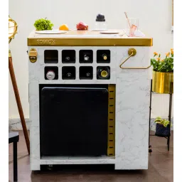 Model X All-In-One Metal Bar Cabinet in Satvario Marble & Gold Finish With Built-In 30L Godrej Qube Fridge & Wheels-image-19