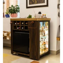 Model X All-In-One Metal Bar Cabinet in Wooden Vinyl & Matt Gold Finish With In-Built 30L Fridge-image-16