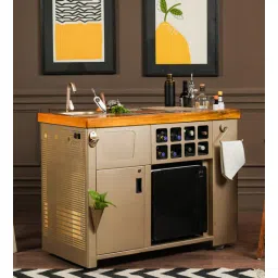 Model Z All-In-One Metal Bar Cabinet in Gold Lattice & Brown Finish With Built-In 30L Godrej Qube Fridge & Wheels-image-17