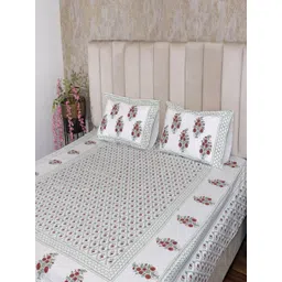 Hawamahal Grey & Green Floral 350 TC King Bedsheet with 2 Pillow Covers-picture-36