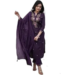 hazelbloom Women's Cotton Embroidery Work Kurta Pant with Mulmul Dupatta Set-picture-39