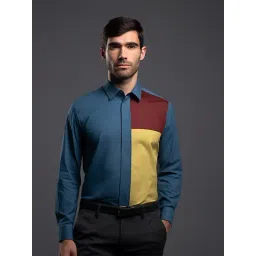 HE SPOKE Blue Cotton Lycra Tailored fit Colorblock Casual Shirt-image-28