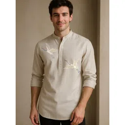 HE SPOKE Men Cream Printed PC Sateen Stretch Everyday Kurta-image-40