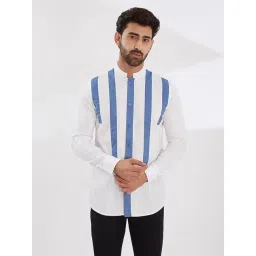 HE SPOKE White Cotton Lycra Tailored fit Colorblock Casual Shirt-image-8