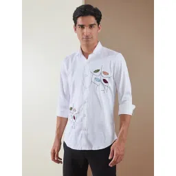 HE SPOKE White Cotton Lycra Tailored fit Embroidery Casual Shirt-image-6