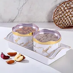 Heart Home Airtight Food Grade Plastic Dry Fruits Containers for Storage with Serving Tray & Bowls 350 ML | Multipurpose Snacks Box for Nuts/Mukhwas/Namkeen Biscuit | White & Gold-image-47