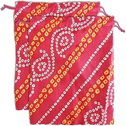 heart home Multiuses Bandhej Print Potli Bag for Women with Drawstring Set of 2 (Pink)-picture-38