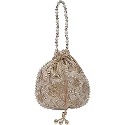 Heart Home Silk Embroidered Women Potli Bag (Cream) - CTHH11293-image-25