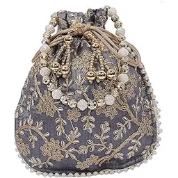 Heart Home Silk Embroidered Women Potli Bag (Grey) - CTHH11296-image-27