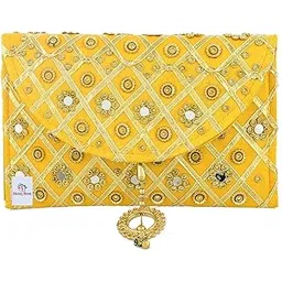 Heart Home Silk Traditional Mirror Work Envelope Clutch Bag Purse Handbag for Bridal, Casual, Party, Wedding (Gold)-HEART11452, Standard-image-44