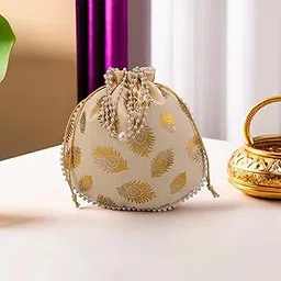 Heart Home Slik Potli Bags for Women | Wedding Return Gift Potli with Beads Handle | Ladies Potli Pouches for Party, Birthday, Shagun | Jewellery Pouch | Mor Phank Design - Golden-picture-37
