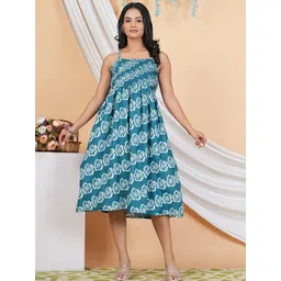 HEBA Women Floral Printed Smocked A-Line Midi Dress-picture-28