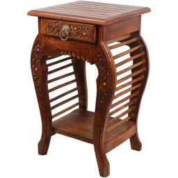 HEEBA GALLERY Wooden Stool-Natural Wood Antique Look Side Table with Drawer for Living Room (Brown, 14 x 14 x 21 inch) || AS01 image 3