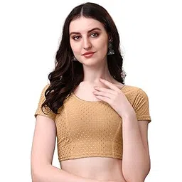 heefee Women's Round Neck Dobby Cotton Stretchable Short Sleeve Readymade Saree Blouse-picture-13