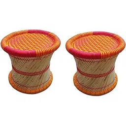 HeeMo Eco-Friendly Cane Wood Bamboo Sitting Stool, Mudda for Indoor/Outdoor (Red, Orange: Set of 2)-picture-20