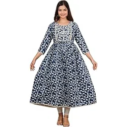 heerali fashion Women's Cotton Blend Printed Maxi Gown with Lucknowi Work on Neck (Dark Blue, XL)-picture-10