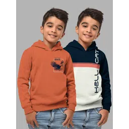 HELLCAT Boys Set Of 2 Orange & Navy Blue Printed Hooded Sweatshirt-picture-11