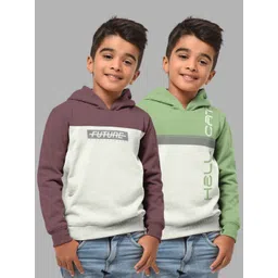 HELLCAT Boys Set Of 2 Taupe & Green Colourblocked Hooded Sweatshirt-picture-25