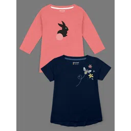 HELLCAT Girls Coral & Navy Blue 2 Printed Cotton T-shirt-picture-42