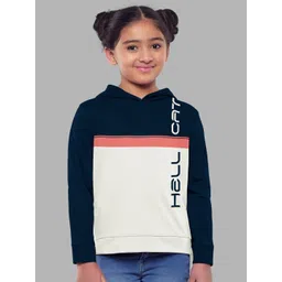 HELLCAT Girls Navy Blue Colourblocked Hooded Cotton Sweatshirt-picture-23