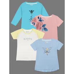 HELLCAT Girls Pack Of 4 Typography Printed Cotton T-shirts-picture-17