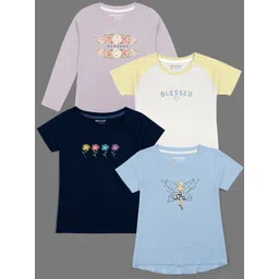 HELLCAT Girls Pack Of 4 Typography Printed Cotton T-shirts-picture-14