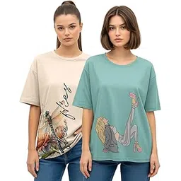hellcat Multicolor Trendy Printed Oversized T-Shirt for Women |Pack of 2 T-Shirt_Small-picture-33