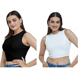 Helofy Women Sleeveless Lycra Cotton Racer Crop Tank Crop Top-picture-35