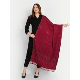 Hemkunt Fabric Women Floral Woven Design Pashmina Wool Stole with Tasselled Border-picture-11