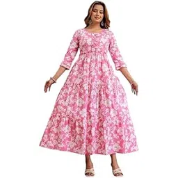 henal Maternity Dress for Expecting Moms – Baby Pink Cotton Dress with White Floral Print, Round Neck, Soft & Breathable Pregnancy Dress-picture-55