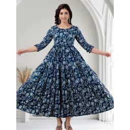 Henal Women Floral Printed Round Neck Pure Cotton Maternity Fit & Flare Maxi Ethnic Dress-picture-32