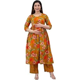 henal Women Maternity Kurta Palazzo Set | Feeding Friendly Dual Zipper | Soft Cotton Floral Pregnancy & Nursing Ethnic Wear Clothing for Moms-to-Be | Stylish (Mustard)-picture-15