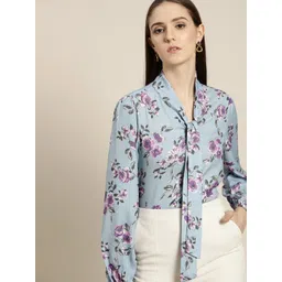 her by invictus Blue & Green Floral Print Tie-Up Neck Top-picture-30