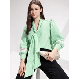 her by invictus Striped Tie-Up Neck Puff Sleeve Pure Cotton Top-picture-30