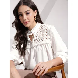 her by invictus Tie-Up Neck Puff Sleeve Ruffles Pure Cotton Top-picture-23