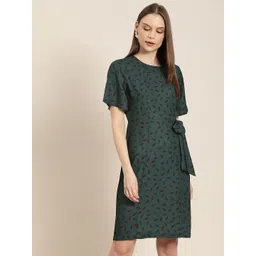 her by invictus Women Green & Black Printed Sheath Dress With Waist Tie-Up-picture-28