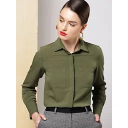 her by invictus Women Olive Green Regular Fit Solid Formal Shirt-image-30