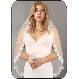 HEREAD Lace Bride Wedding Veil Ivory Short Bridal Tulle Veils Fingertip Length Hair Accessories with Comb for Women and Girls-picture-27