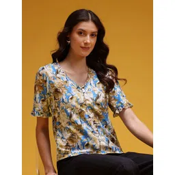 HERE&NOW Abstract Print Puff Sleeves V-Neck Top-picture-14