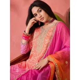 HERE&NOW Bandhani Printed V-Neck Sequinned Straight Kurta With Trousers & Dupatta-picture-11