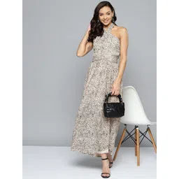 HERE&NOW Beige & Black Animal Print Tie-Up Neck A-Line Maxi Dress-picture-22