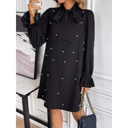 HERE&NOW Black Embellished Tie-Up Neck Puff Sleeve Dress-picture-49